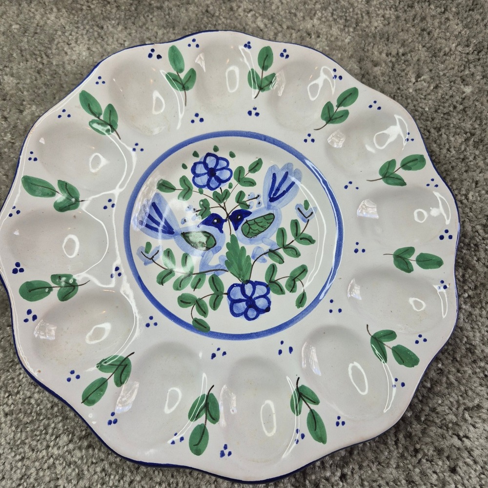 Tastesetter by Sigma Italy Deviled Egg Plate Blue Bird Floral Scalloped Ceramic